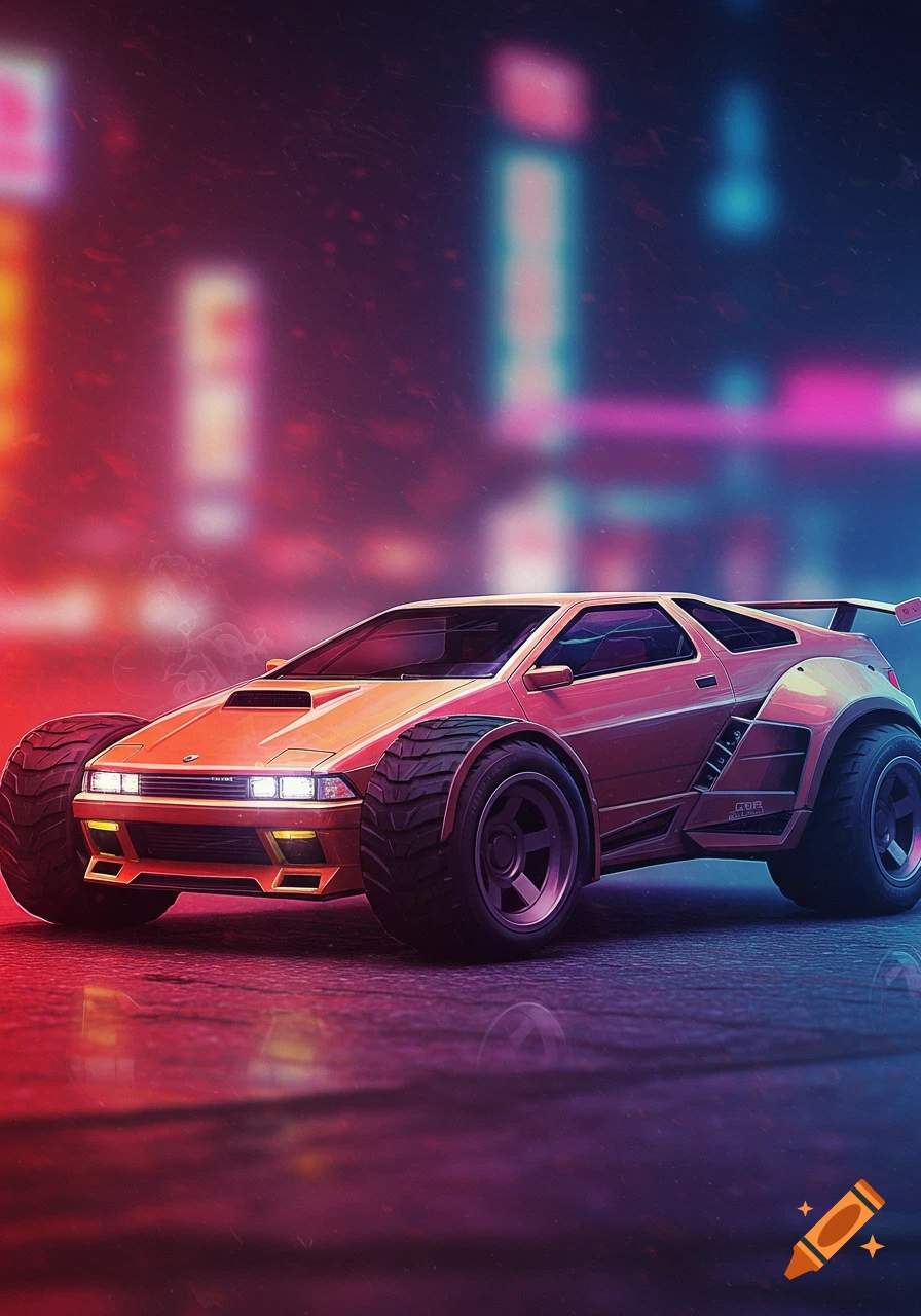 A futuristic car with large wheels is parked on a wet street at night, illuminated by neon lights.