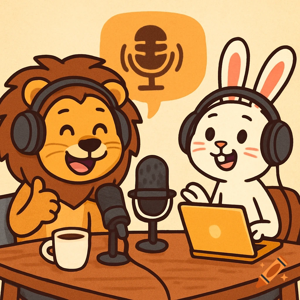 Cartoon lion and rabbit recording a podcast with microphones and ...