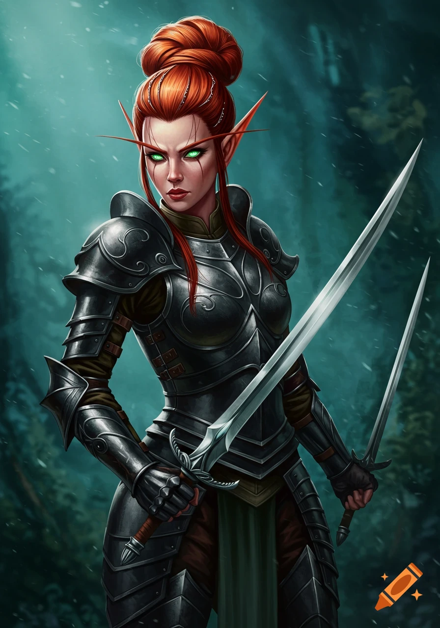A female elf with red hair and green eyes wears black armor and holds two swords in a forest.