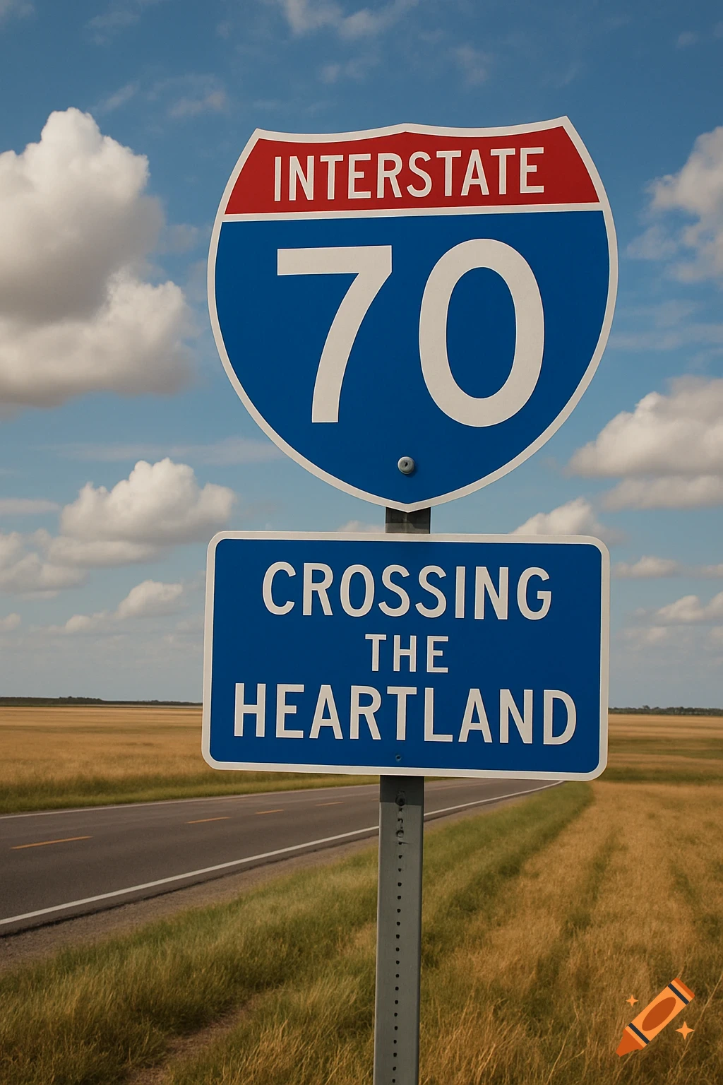 An Interstate 70 sign and a 'Crossing the Heartland' sign next to a road in a rural landscape.