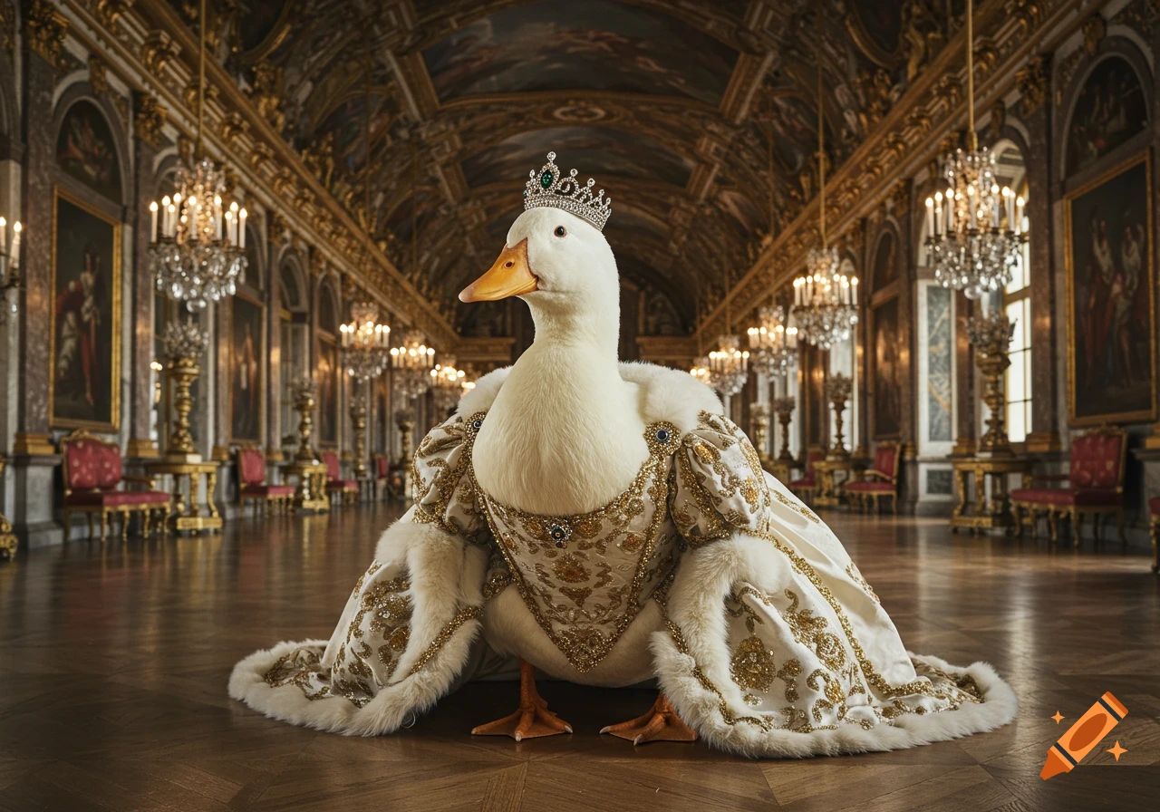 A duck wearing a crown and a regal gown stands in a grand palace hall.