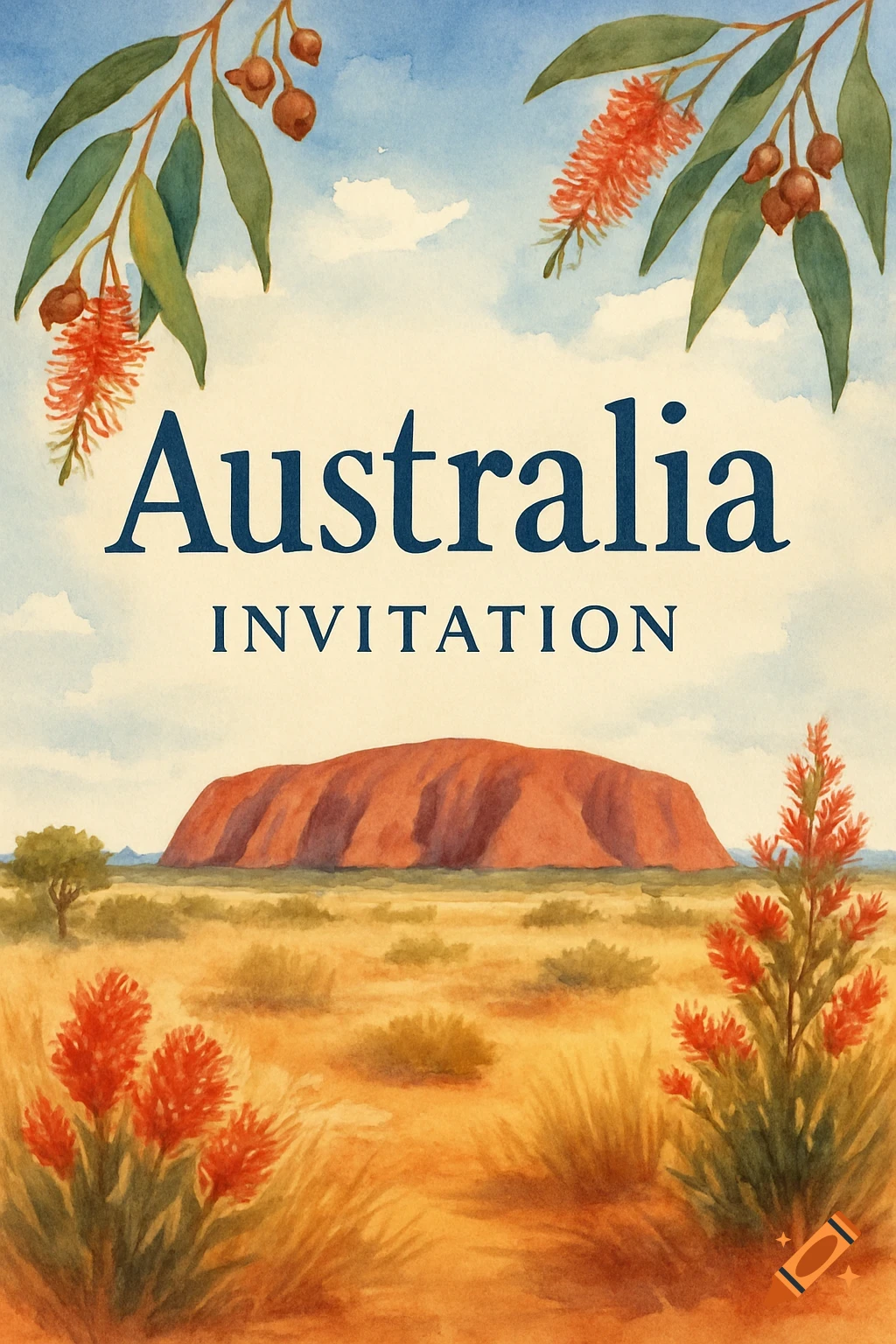 Watercolor illustration of Uluru with eucalyptus leaves, bottlebrush flowers, and text "Australia INVITATION".