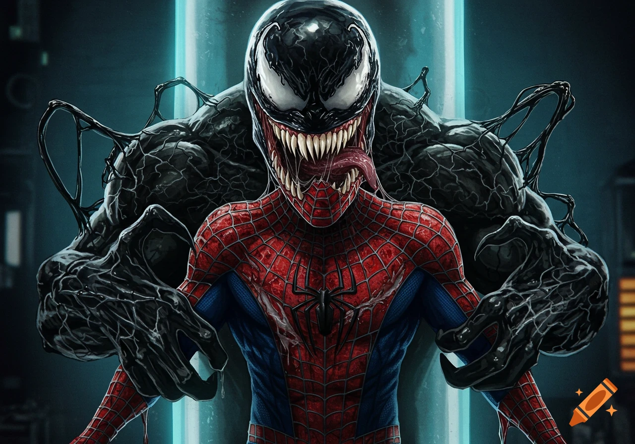 Digital illustration of Venom behind an injured Spider-Man