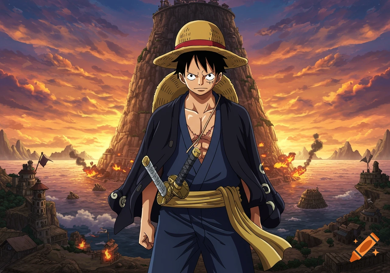 Anime illustration of Luffy in a samurai outfit with swords, standing before a fiery landscape at sunset.