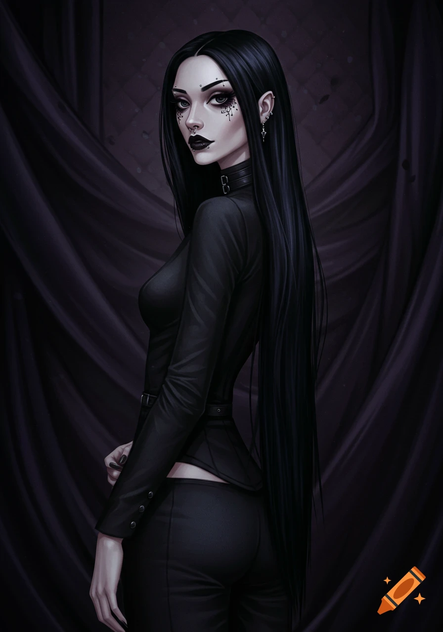 A gothic woman with long black hair, piercings, and dark makeup, wearing black clothing.