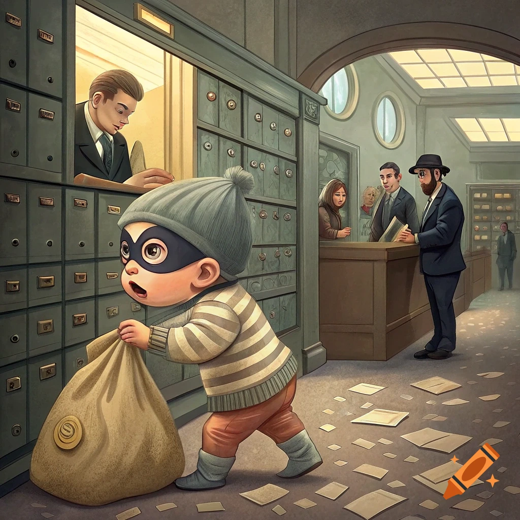 Illustration of a baby burglar in a bank holding a large bag, surrounded by safety deposit boxes and oblivious adults.
