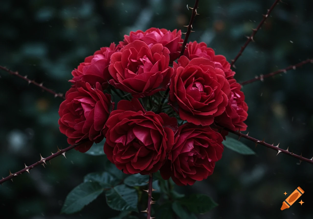 Close-up of deep red roses with thorns in a moody style.
