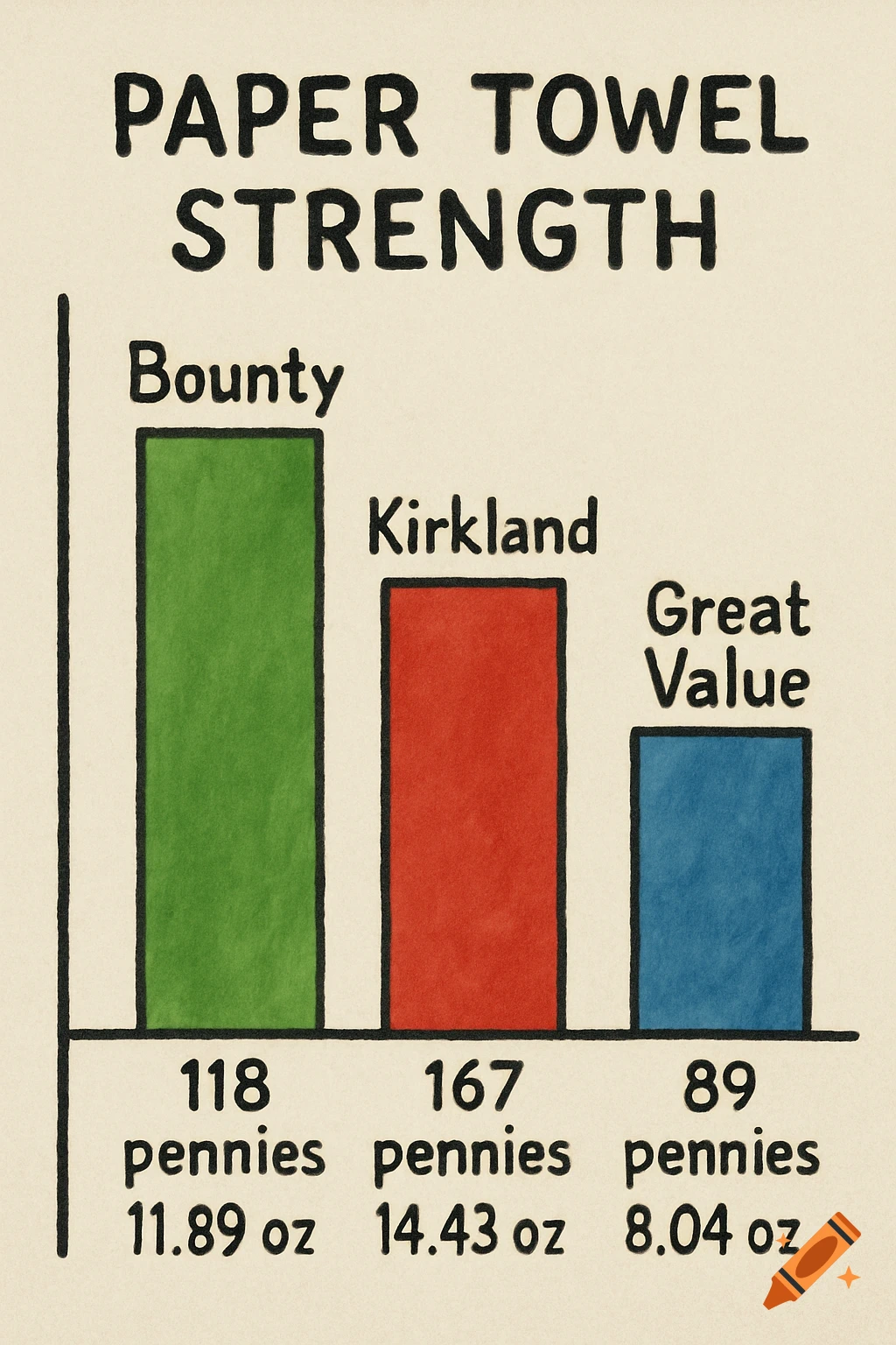 A bar chart showing the strength of Bounty, Kirkland, and Great Value paper towels by the number of pennies held and weight in ounces.