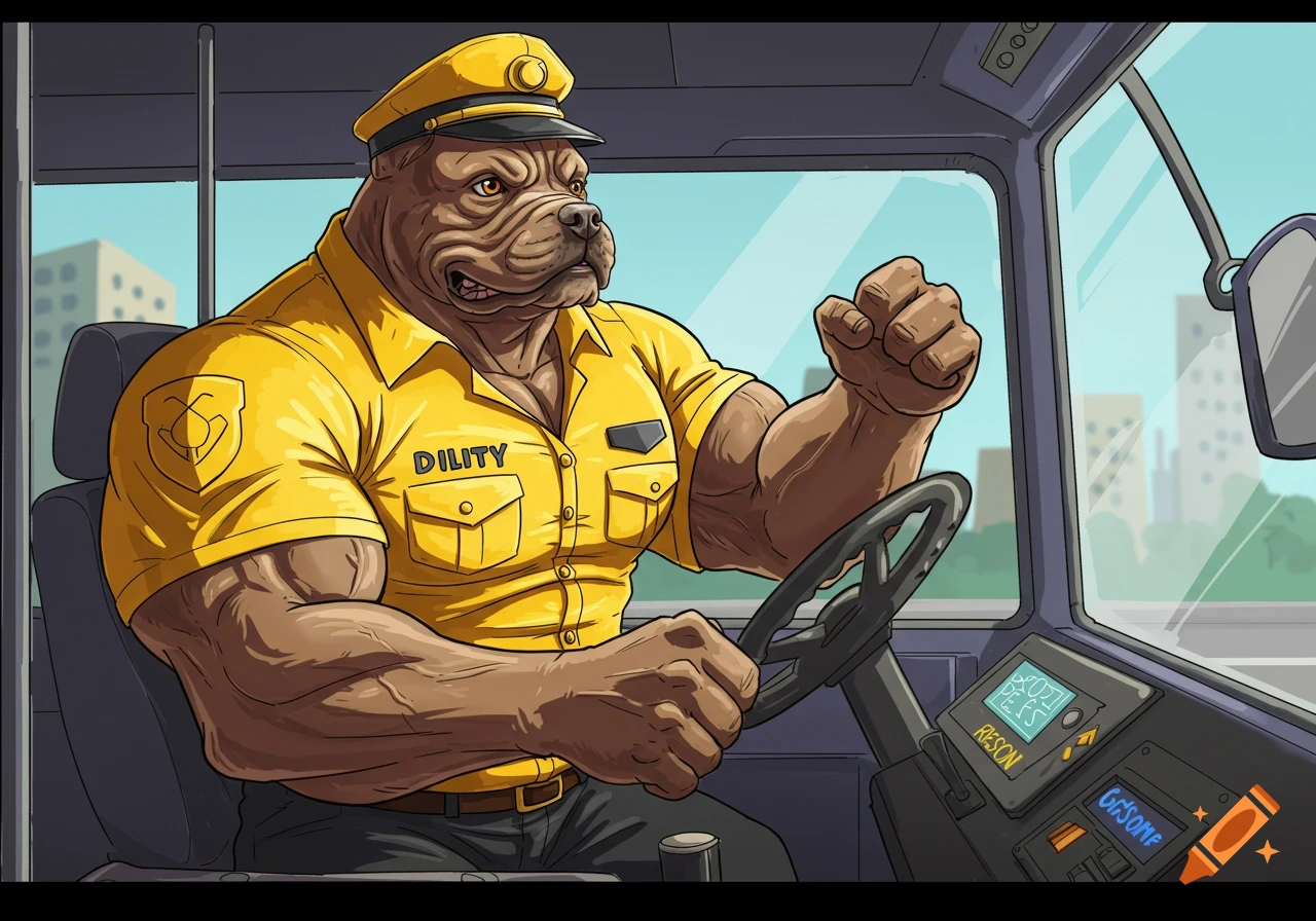 Buff dog in bus driver uniform driving a bus