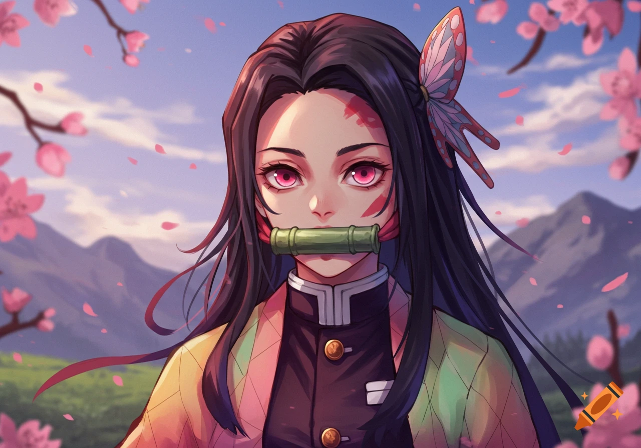 An anime girl wears a bamboo muzzle. She has pink eyes and cherry blossoms surround her. Mountains are in the background.