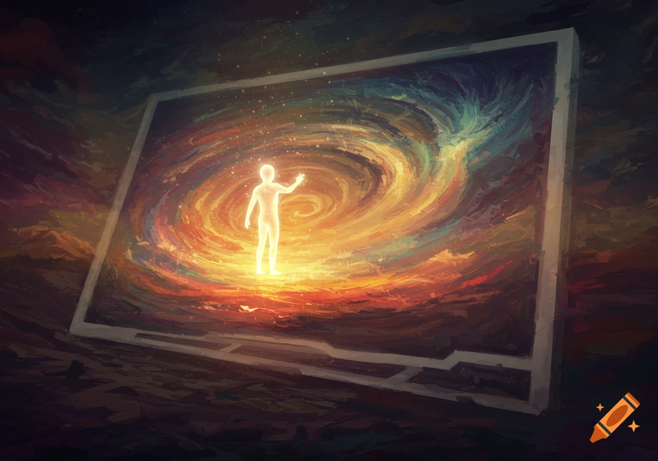 Glowing figure in swirling space vortex on a screen.
