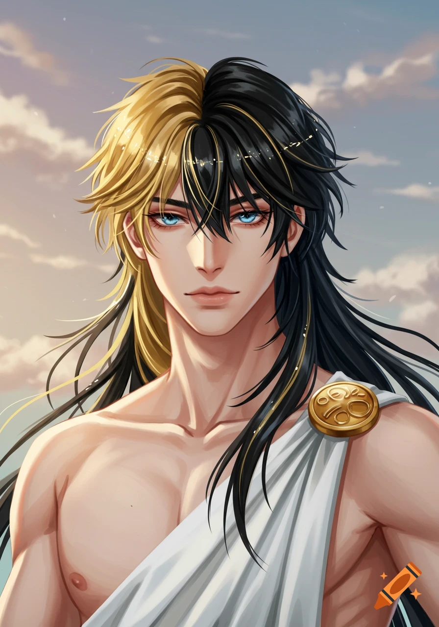 Anime portrait of a man with split blonde and black hair, blue eyes, in a white toga with a golden pin.