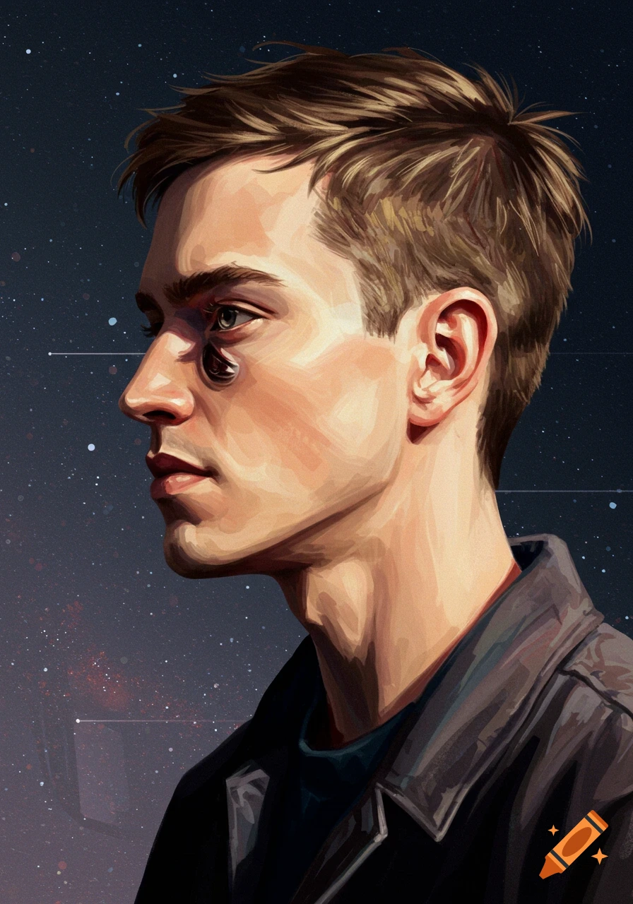 Oil painting portrait of a man in profile with a distorted eye on his cheek, against a starry sci-fi background.