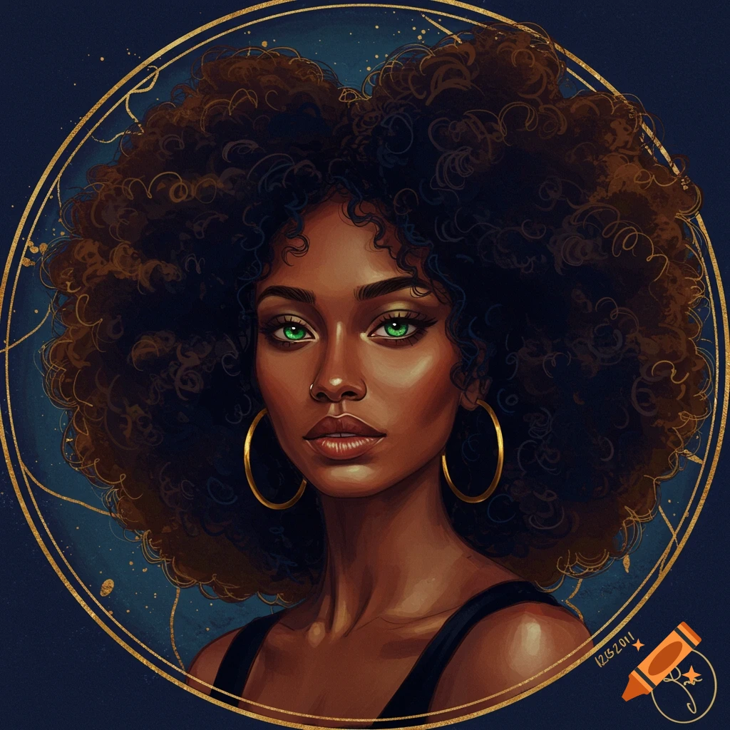 Portrait of a woman with large afro, green eyes, and gold earrings inside a celestial-themed gold circle.