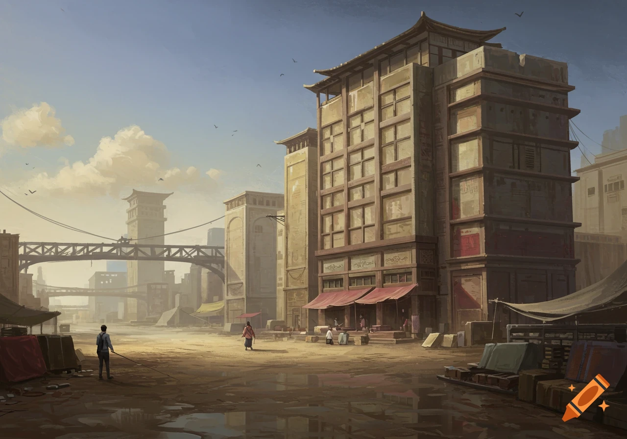 A dusty city street with multi-story buildings, people, market stalls, and an elevated bridge.