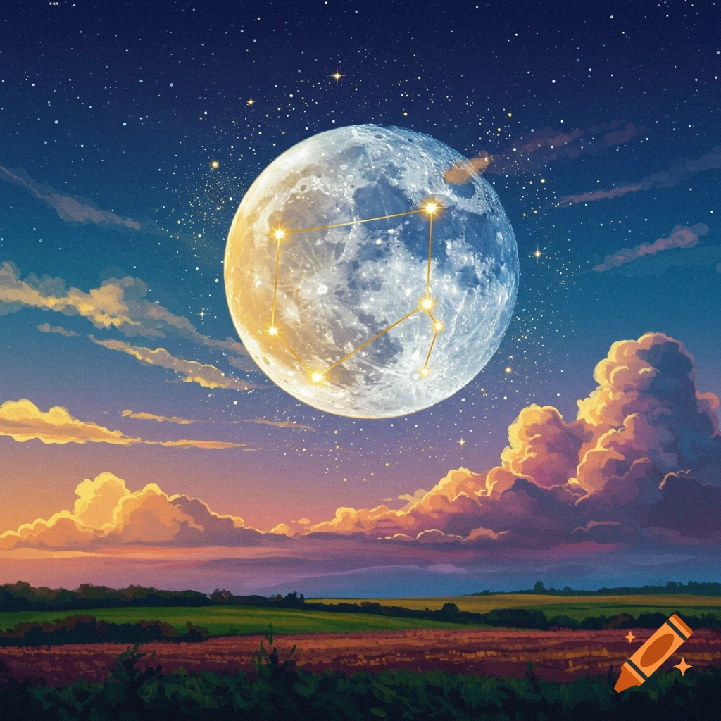 A large, glowing full moon with a constellation overlay, set above a landscape at dusk.