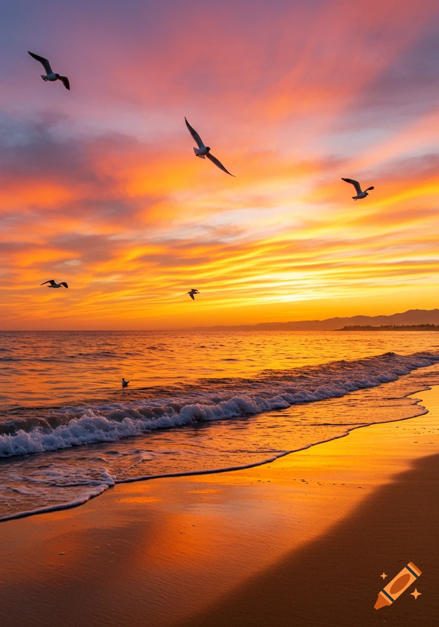 Seagulls fly over a beach at sunset with waves crashing