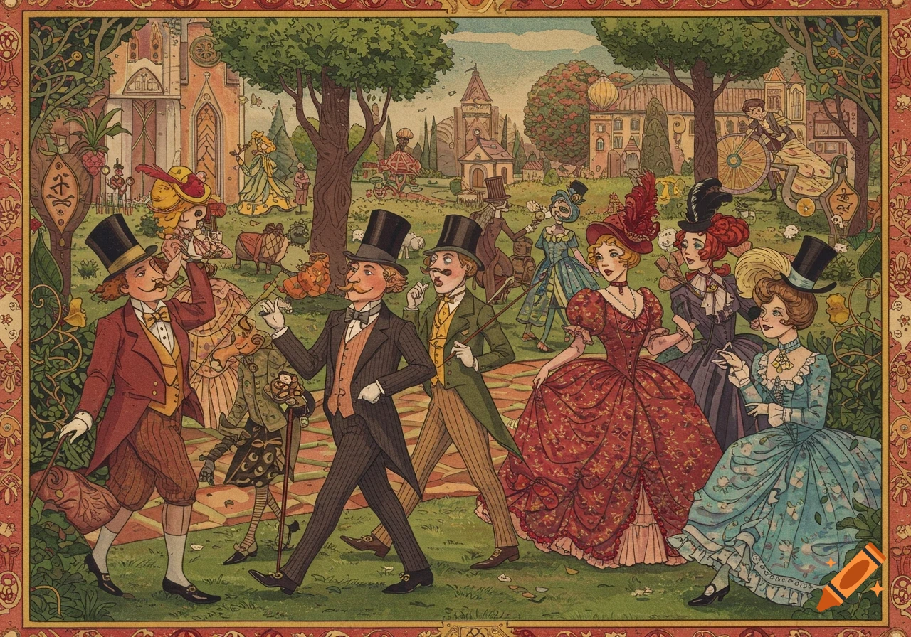 Illustration of people in elaborate historical clothing walking in a park with whimsical buildings.