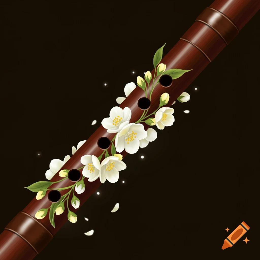 A wooden flute decorated with white jasmine flowers and buds on a dark background.