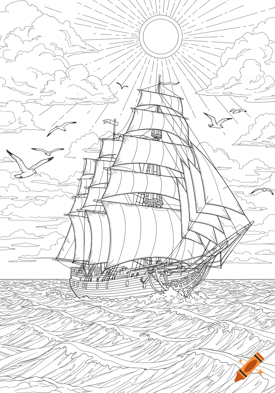 Line drawing of a sailing ship with billowing sails on the sea with clouds and seagulls, for colouring.