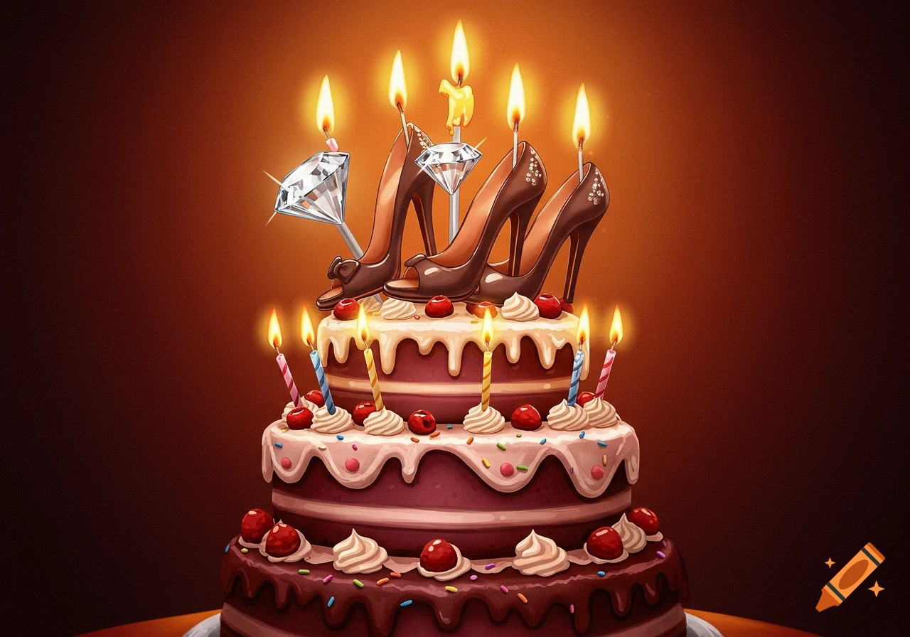 A tiered birthday cake decorated with chocolate high heels, diamonds, and lit candles.