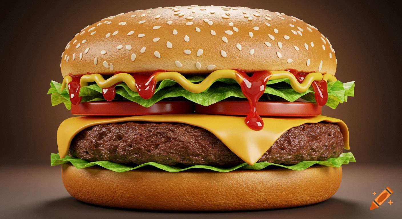 A close-up shot of a realistic cheeseburger with lettuce, tomato, ketchup, and mustard.