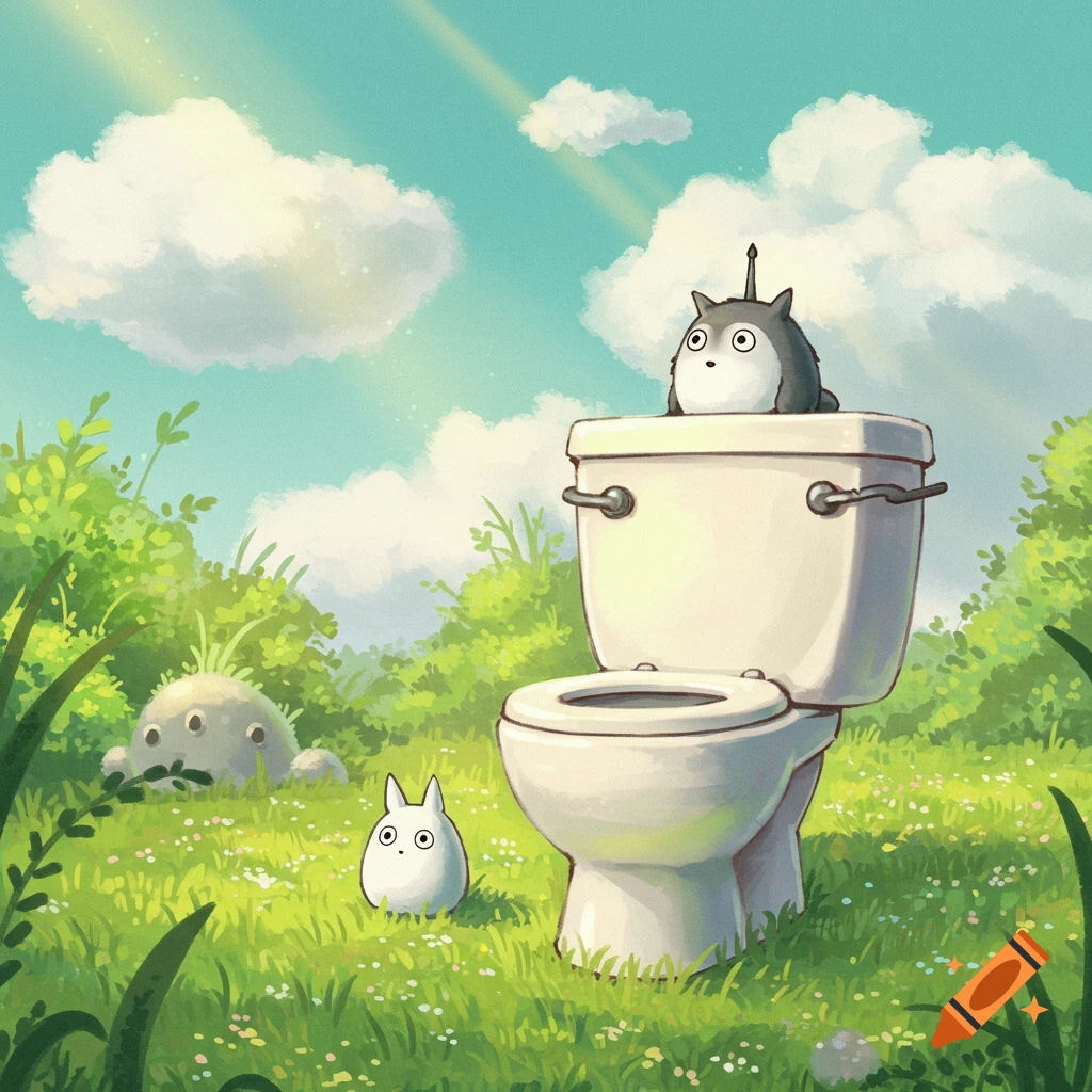 cartoon creatures (like Totoro) and a toilet in a sunny grassy field