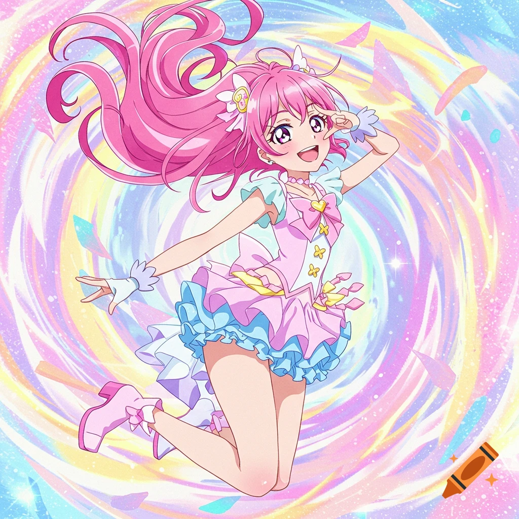 Anime girl with pink hair jumping in a pink and blue dress against a colorful swirling background.