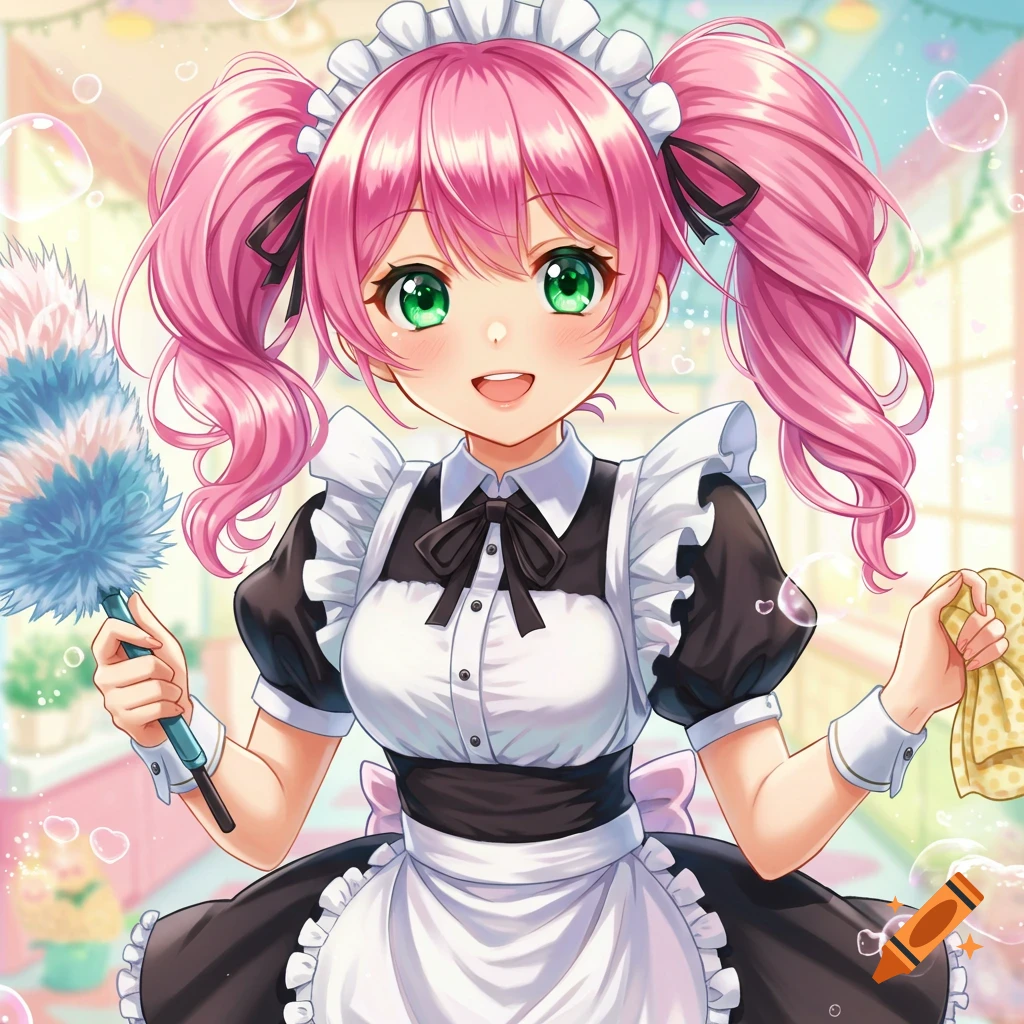 Anime girl in maid outfit holding duster and cloth