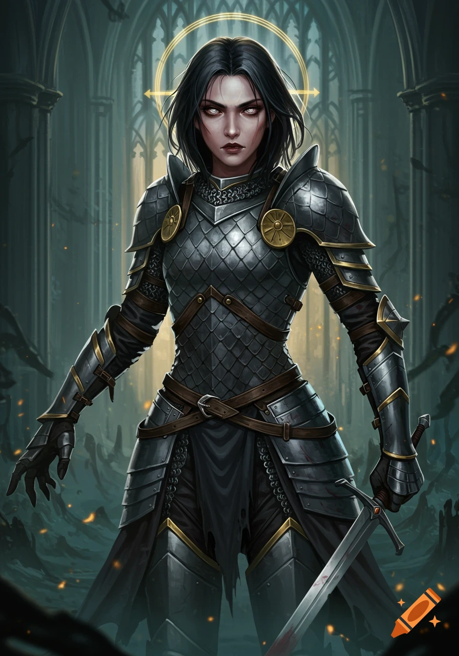 Female fantasy warrior in scale and plate armor holding a bloody sword in a ruined cathedral.