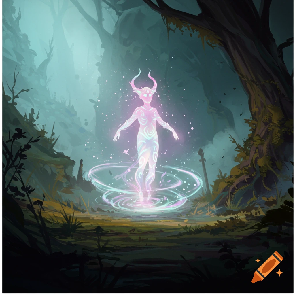 A glowing spirit being with horns stands in a mystical misty forest clearing, surrounded by swirling light.
