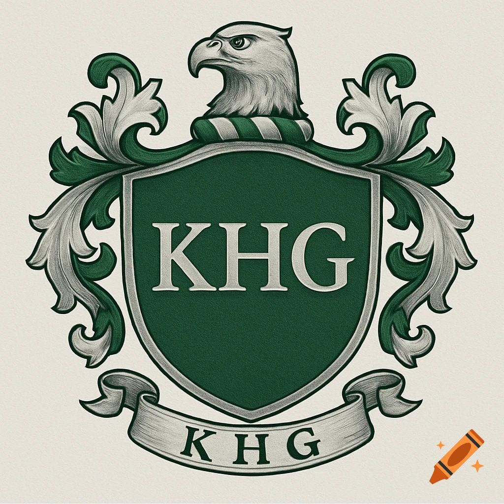 Green and silver coat of arms with an eagle head and the letters KHG