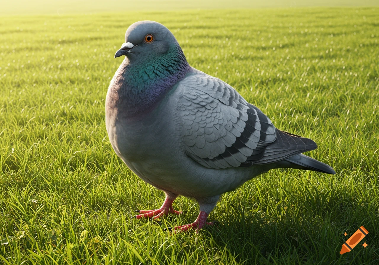 A pigeon stands in a field of green grass.