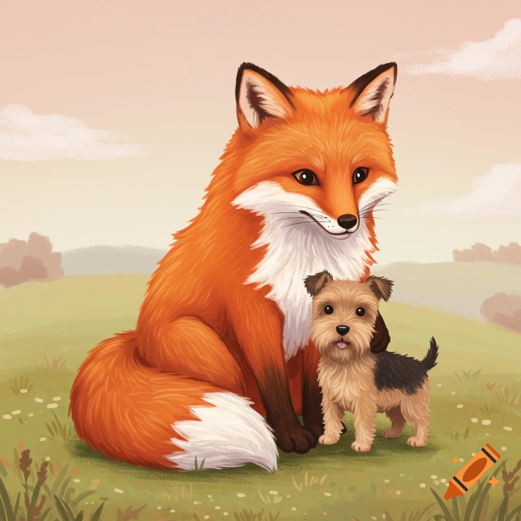 A red fox sits next to a small brown dog in a grassy field.