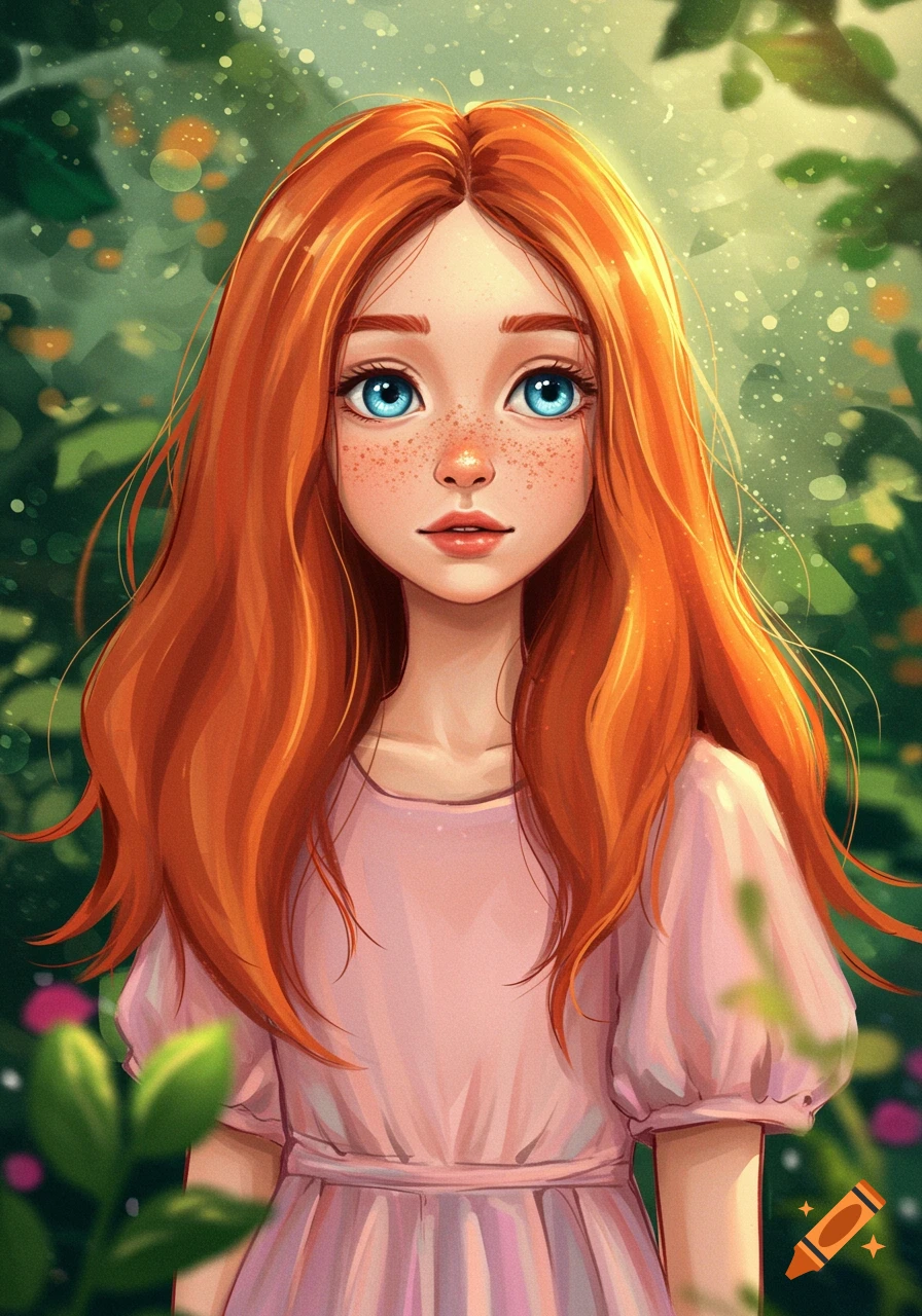 A red-haired girl with blue eyes in a garden