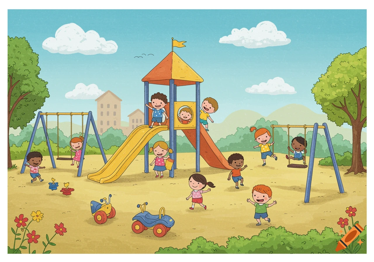 A vibrant cartoon illustration shows children playing on a colorful playground with slides and swings under a sunny sky.