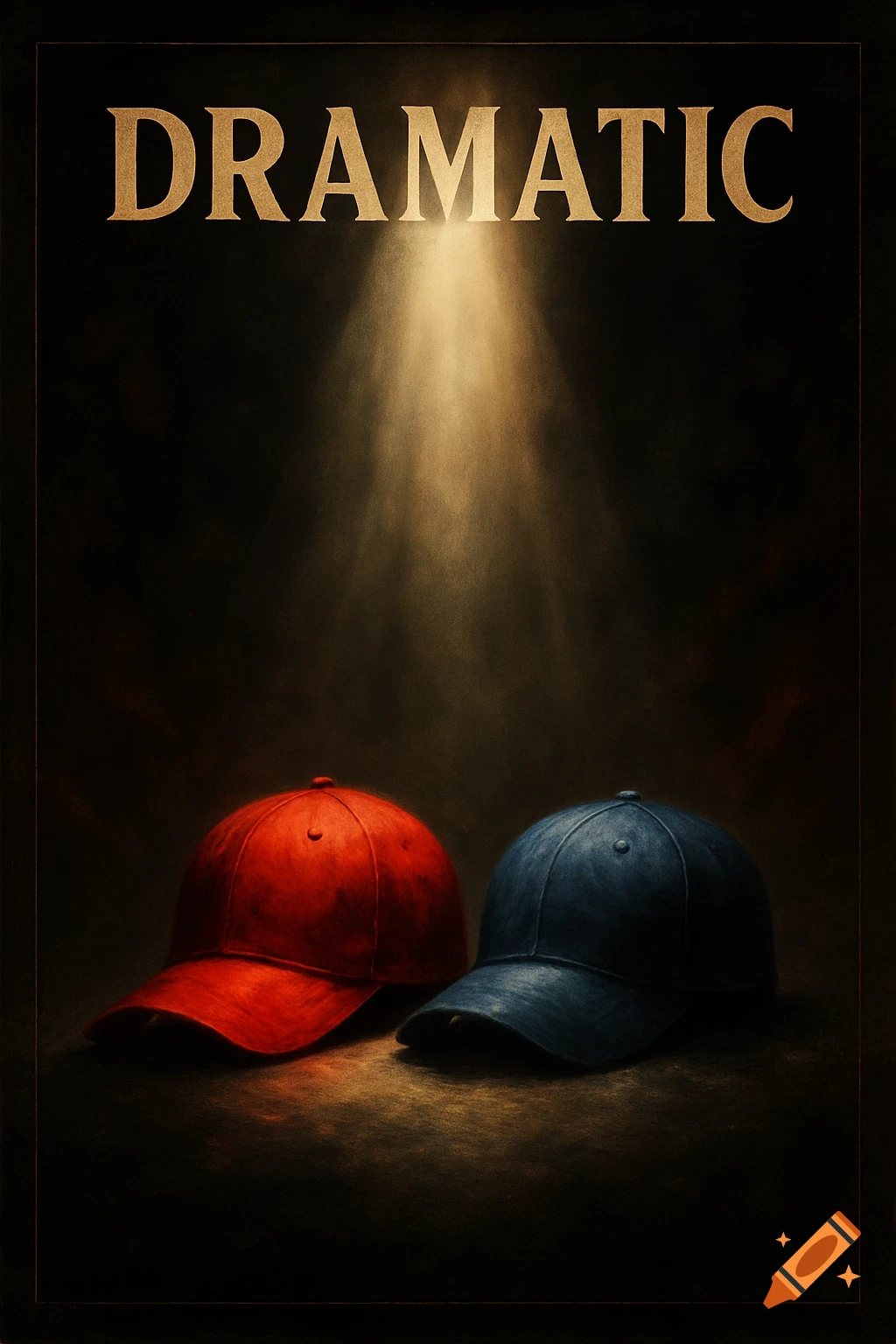 A dramatic movie poster featuring red and blue baseball caps under a spotlight with the word DRAMATIC above.