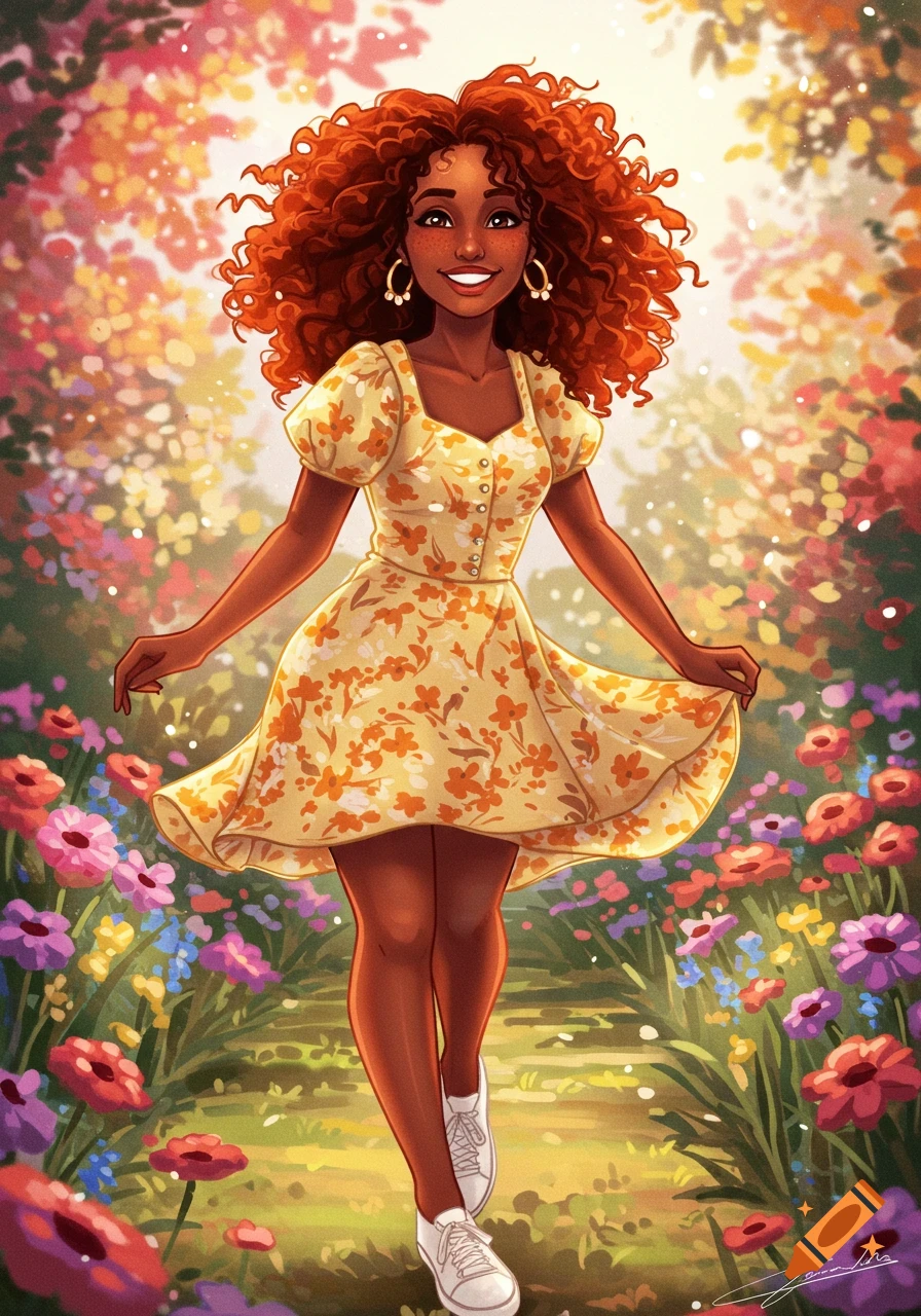 A woman with curly red hair in a yellow dress walks through a colorful flower garden