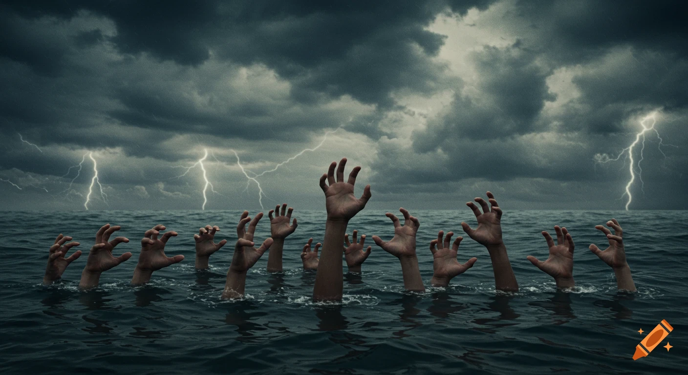 Hands reach from dark water under a stormy sky with lightning.