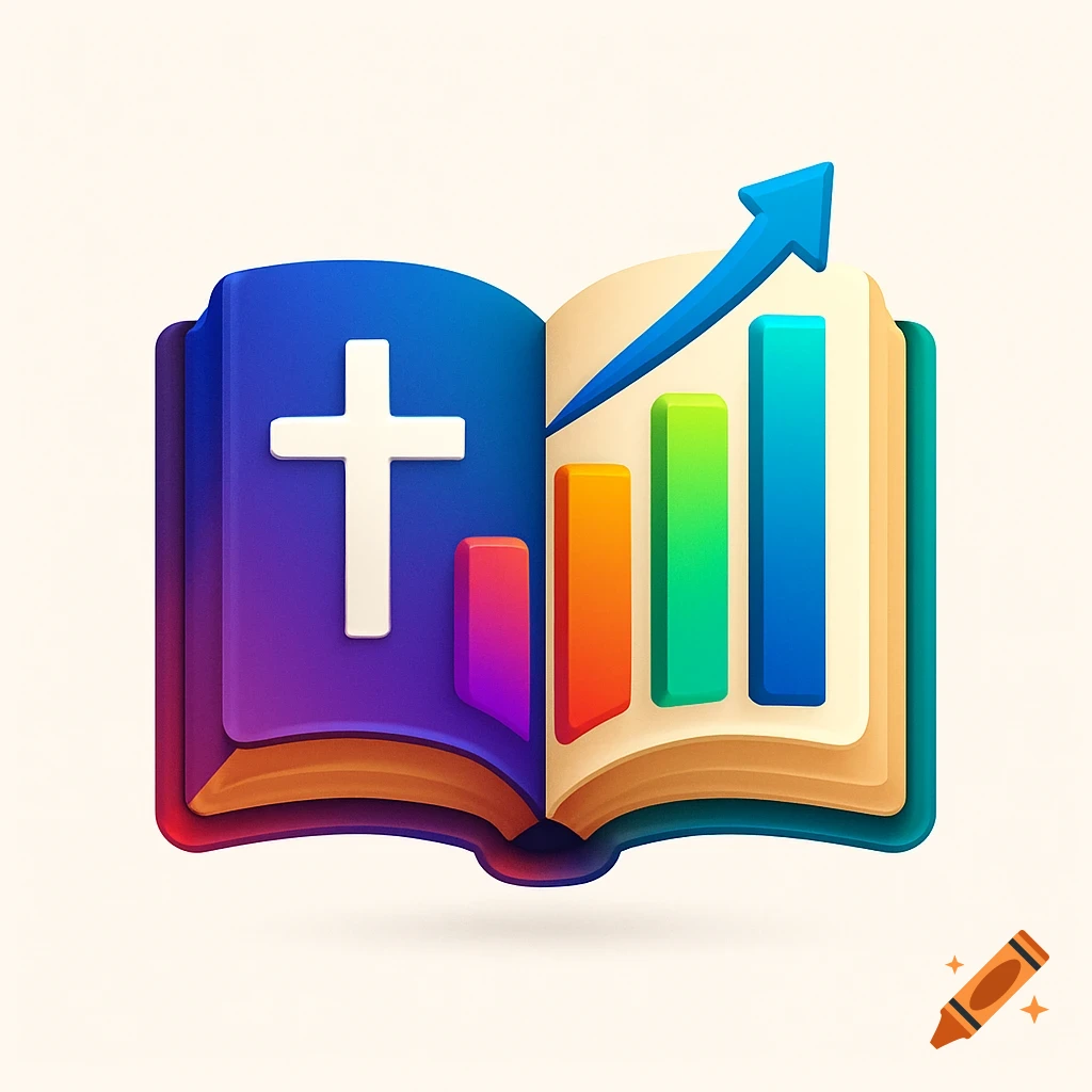 3D logo icon of an open book with a cross on one page and a colorful bar graph with an upward arrow on the other.
