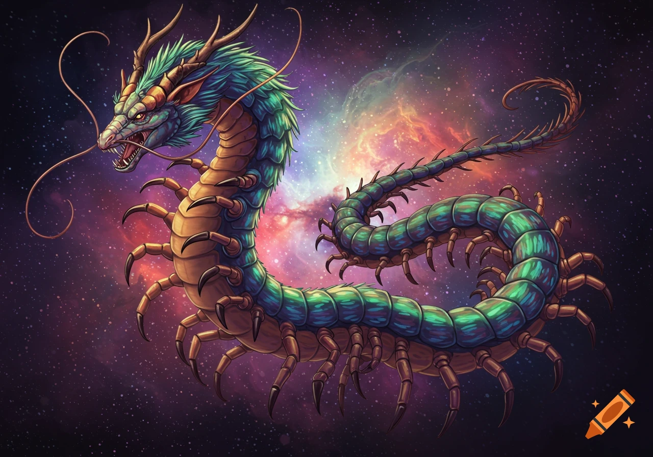 A draconic centipede creature floating in space with a colorful nebula