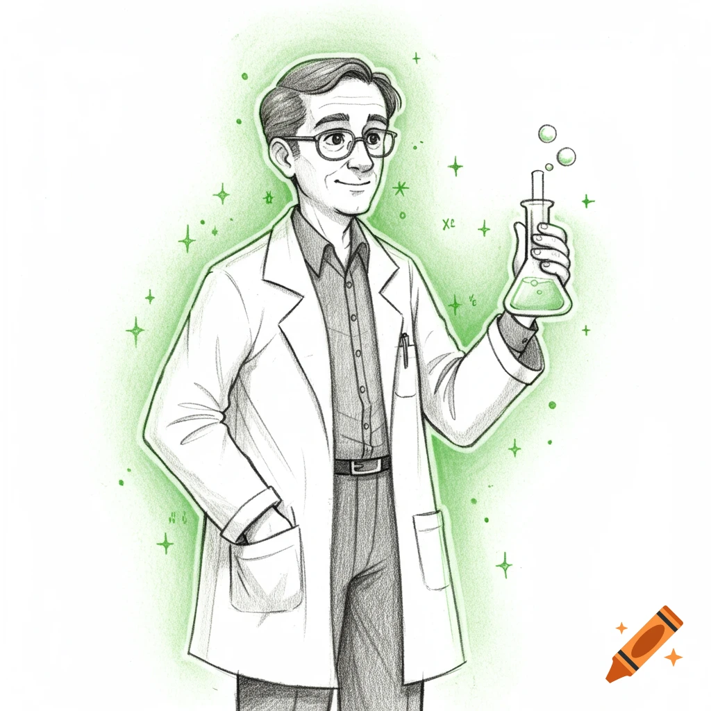 Pencil sketch of a chemistry teacher in a lab coat holding a flask with green highlights.