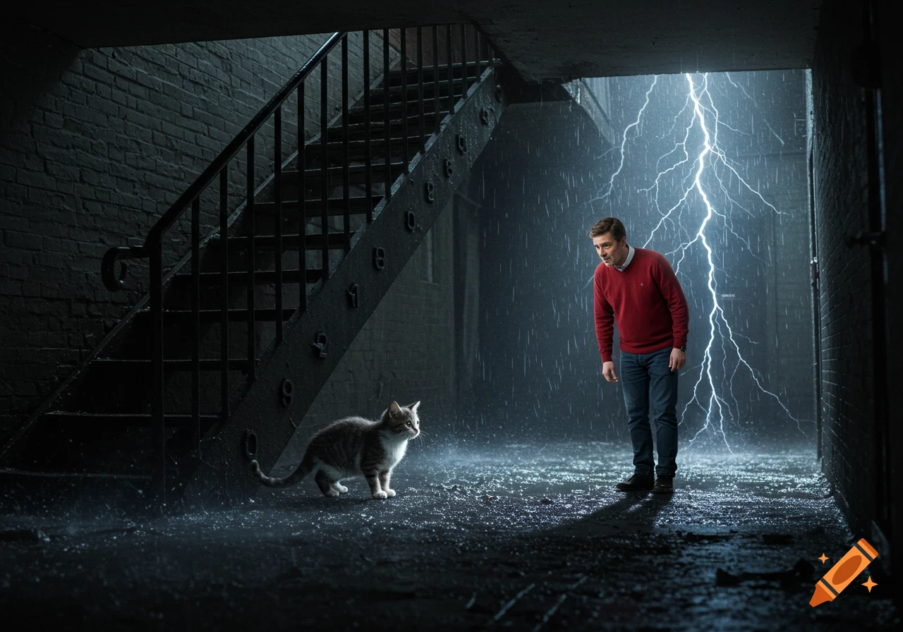 A man looks at a cat under a dark stairwell during a stormy night with lightning.