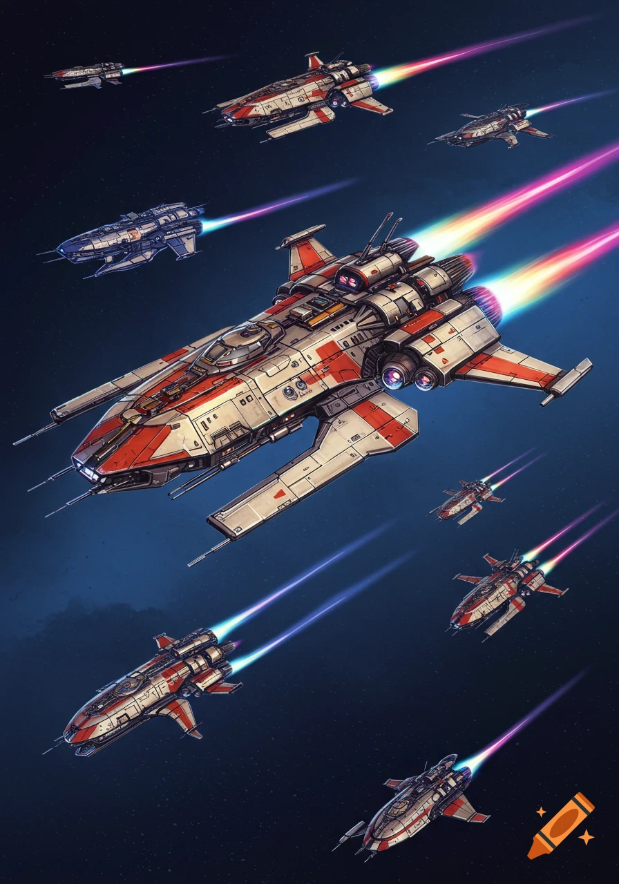 Multiple spaceships flying through space.