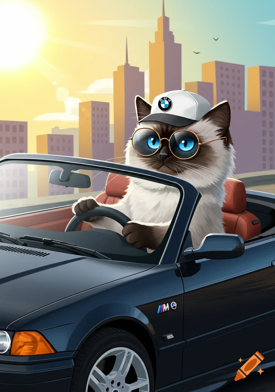 A stylized painting of a cat wearing sunglasses and a hat, driving a dark blue convertible car through a city.