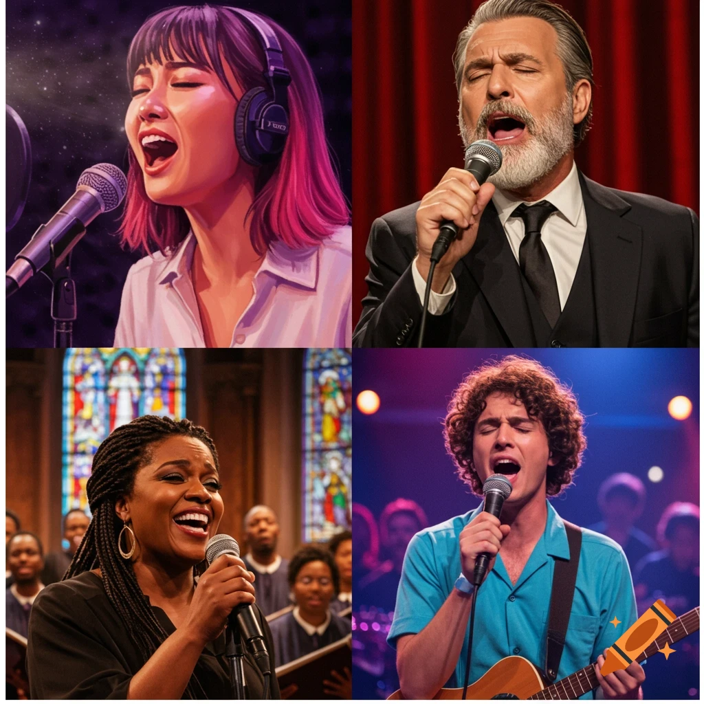 Four-panel image showing different people singing: a woman with pink hair in a studio, a man in a suit on stage, a woman in a choir, and a young man with a guitar.