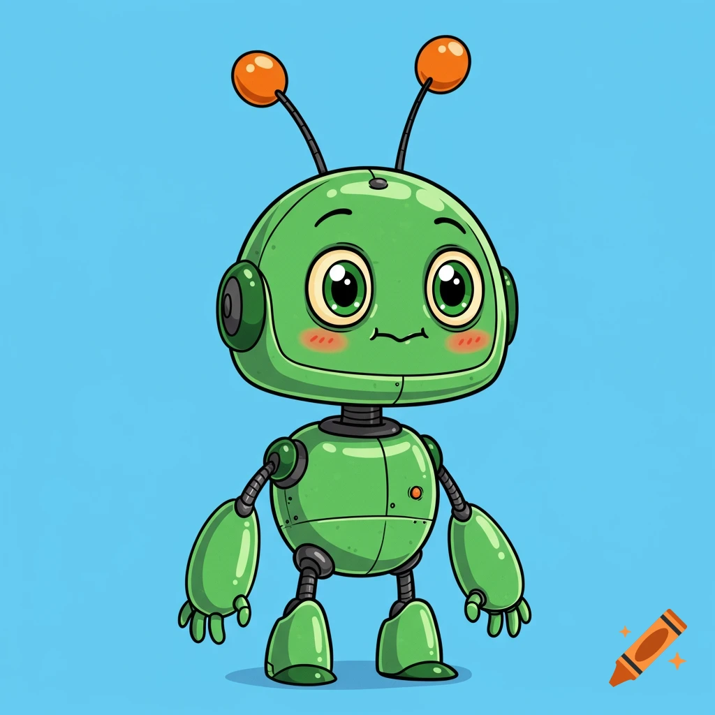 A cute green cartoon robot with large eyes, antennae, and blush marks on a blue background.