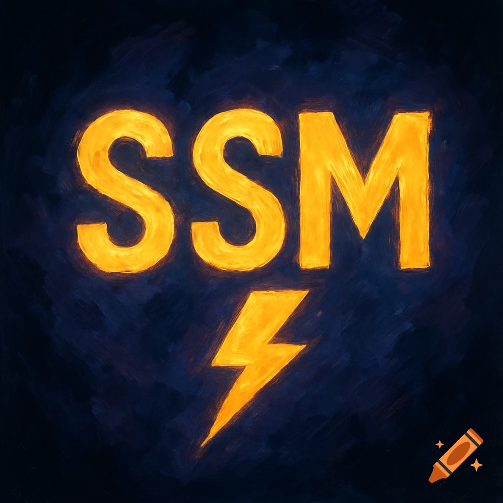 Orange SSM letters and a lightning bolt on a dark blue background.