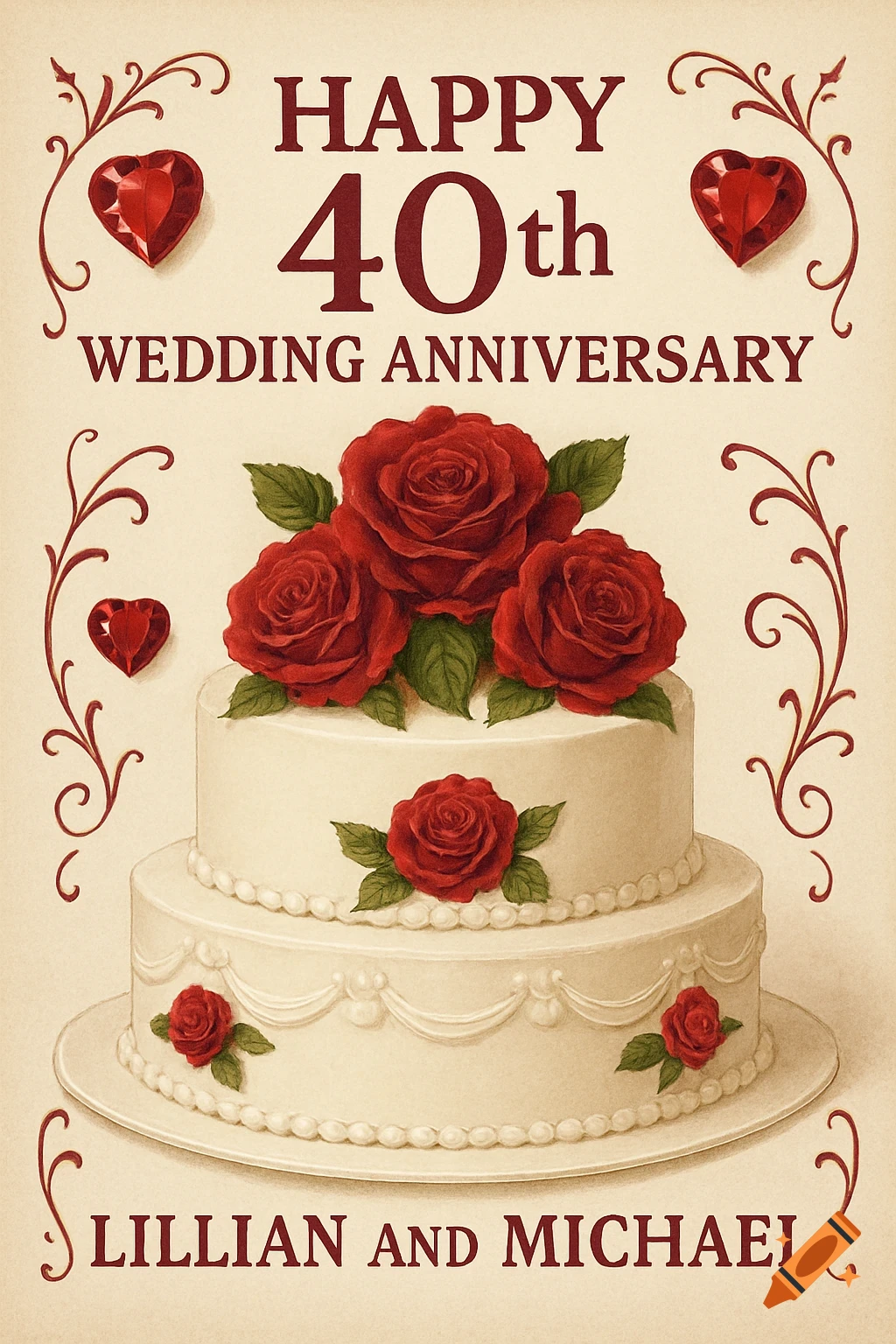 Happy 40th Wedding Anniversary card with a tiered cake, red roses, ruby hearts, and names Lillian and Michael.