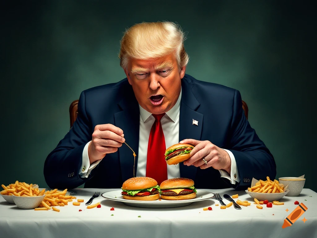 Donald Trump sitting at a table eating burgers and french fries